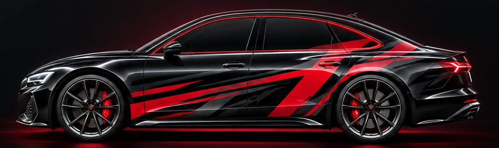 Black sport sedan with red racing graphics down the side