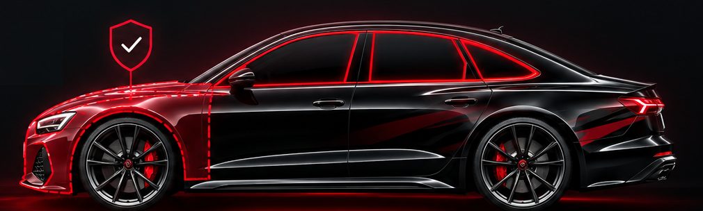 Black sport sedan with the front end covered in red protection film and a shield icon