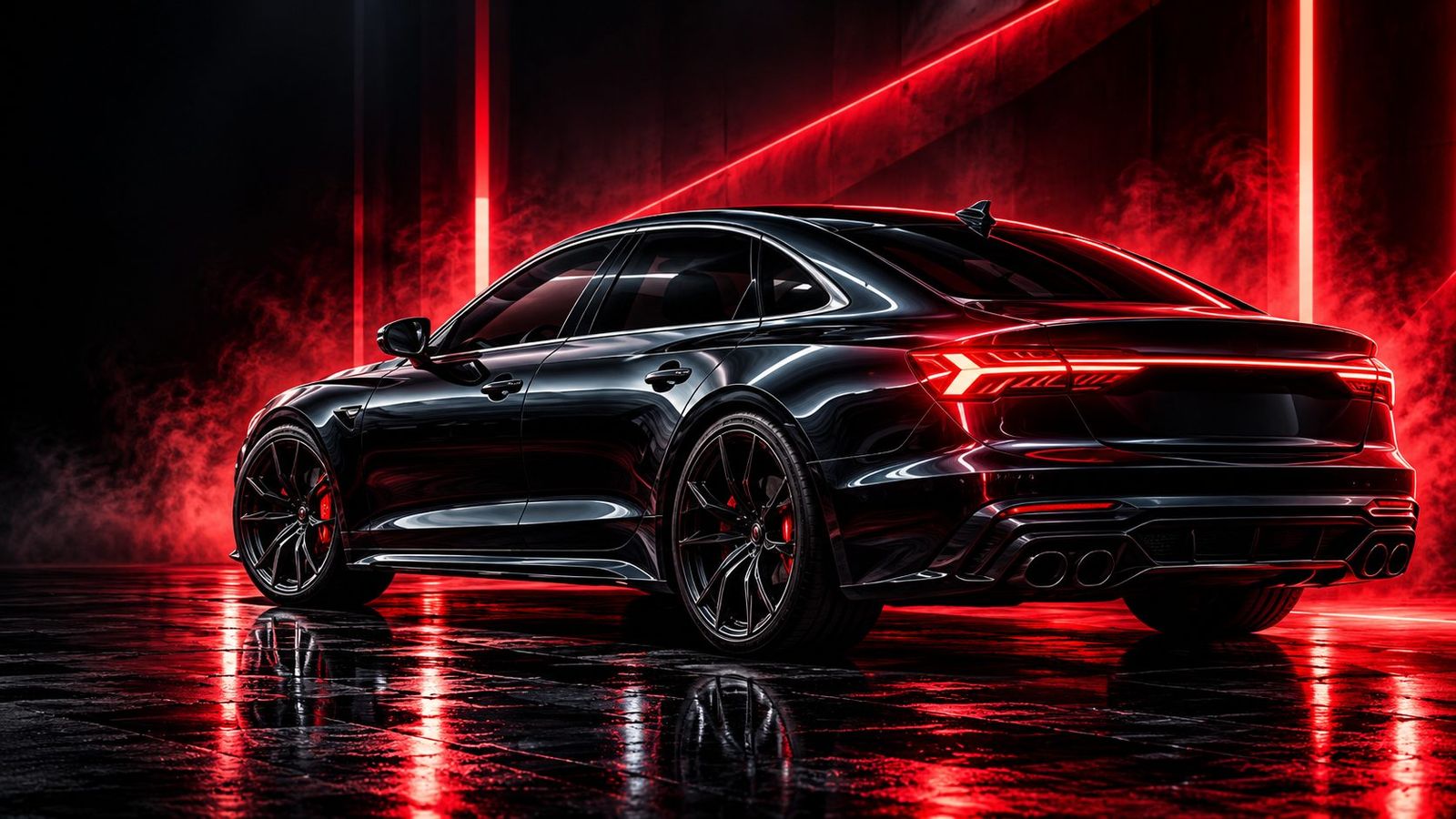 Black sport sedan with tinted windows under red studio lights